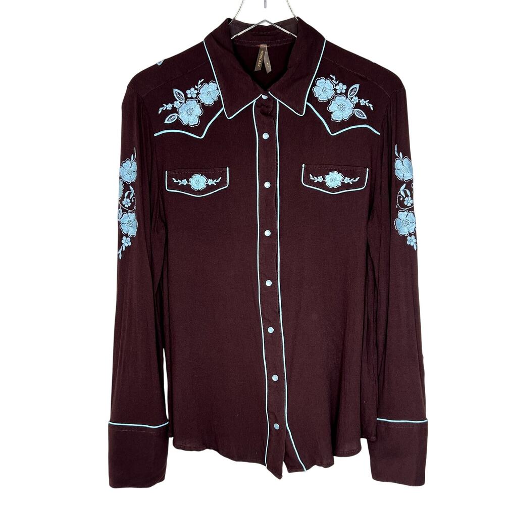 Stetson Western Snap Button Long Sleeve Blouse Top Floral Embroidered Brown XL